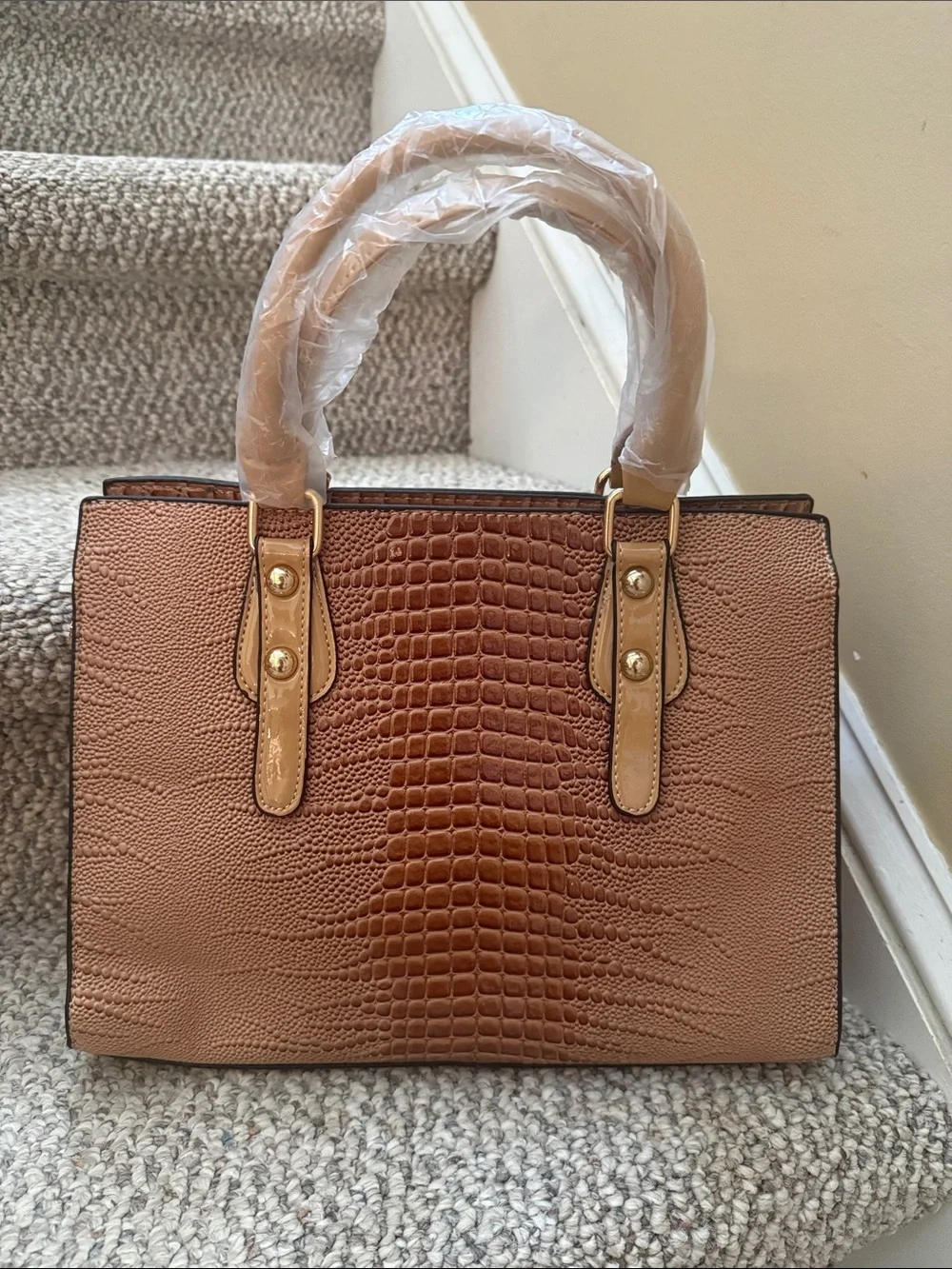 Croc-Embossed Bow Satchel in Cognac